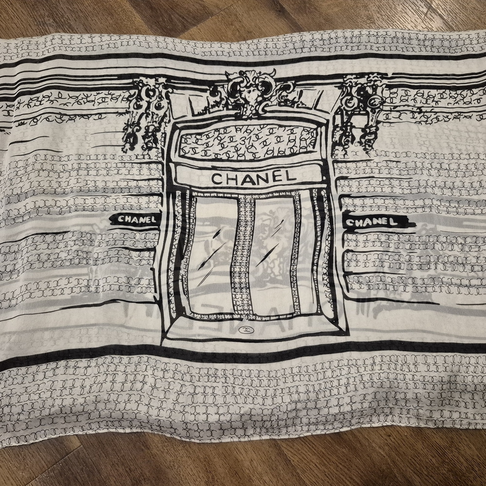 CHANEL Black and White Logo Scarf